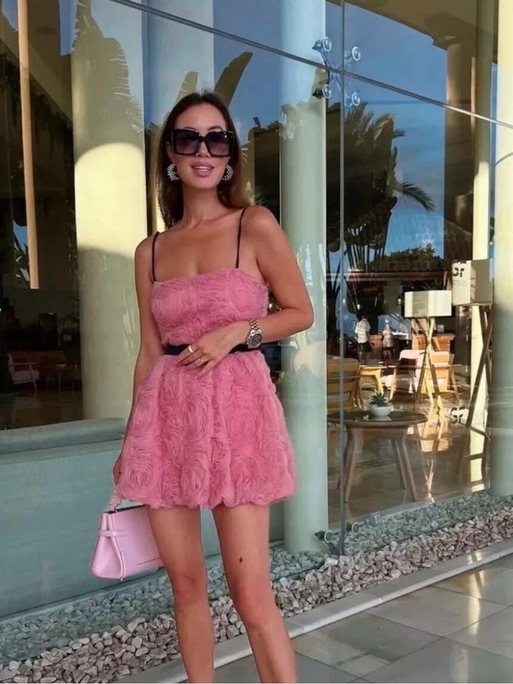 Zara Pink Rose-Texture Mini Dress with Black Straps